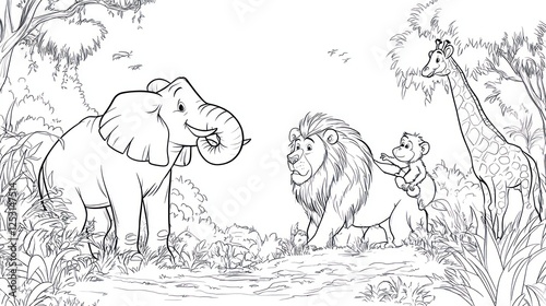 Children's Coloring Book Jungle Scene with Animals photo