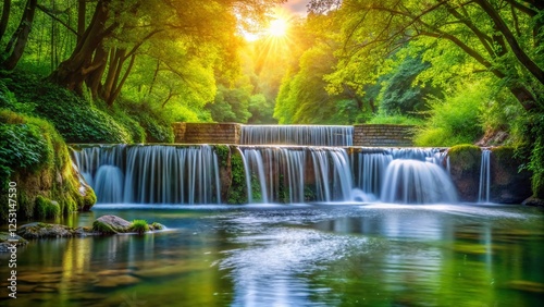 Serene Yauza River Waterfall: Two Sluices, Bokeh Effect,  Rustic Charm