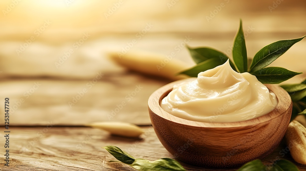 Closeup of a bowl filled with a creamy lush homemade dessert topping or whipped cream on a rustic wooden table surrounded by green leaves for a natural organic feel The dessert looks indulgent Closeup of a bowl filled with a creamy lush homemade dessert topping or whipped cream on a rustic wooden table surrounded by green leaves for a natural organic feel The dessert looks indulgent