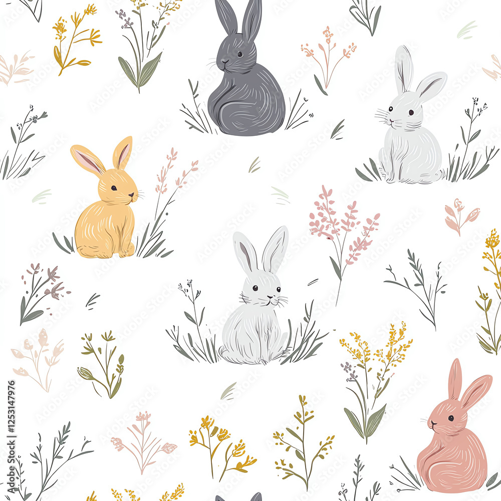 Obraz premium Cute rabbits amidst delicate wildflowers.