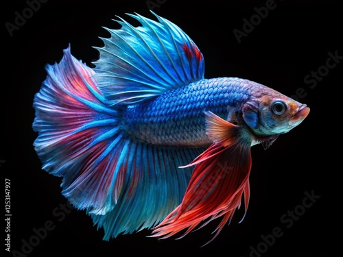 Shimmering Blue Betta Fish with Flowing Fins - Isolated on Black Background - Stock Photo photo