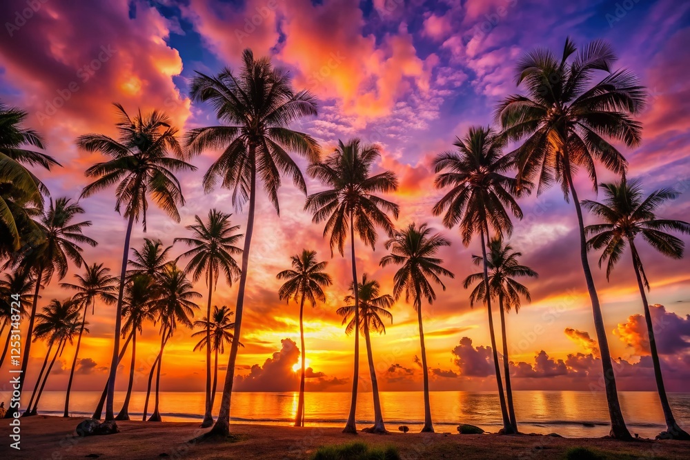 Silhouetted Palm Trees at Sunset, Tropical Landscape Photography Silhouetted Palm Trees at Sunset, Tropical Landscape Photography