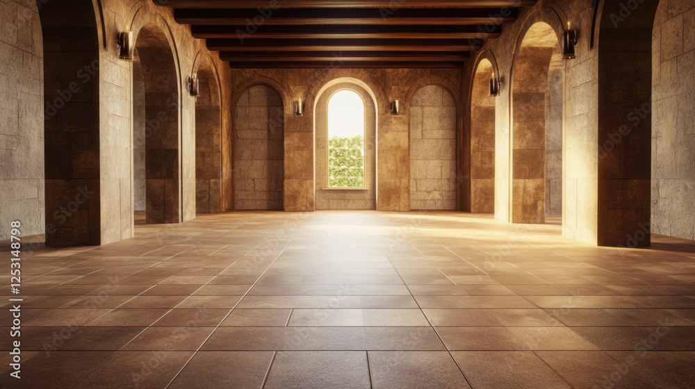 Fototapeta premium spacious empty interior with stone walls and arches, featuring large window that lets in natural light, creating warm atmosphere