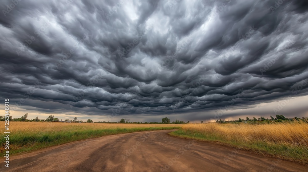 Fototapeta premium A rural landscape with a curving dirt road under a dramatic sky filled with dark storm clouds, surrounded by golden and green fields