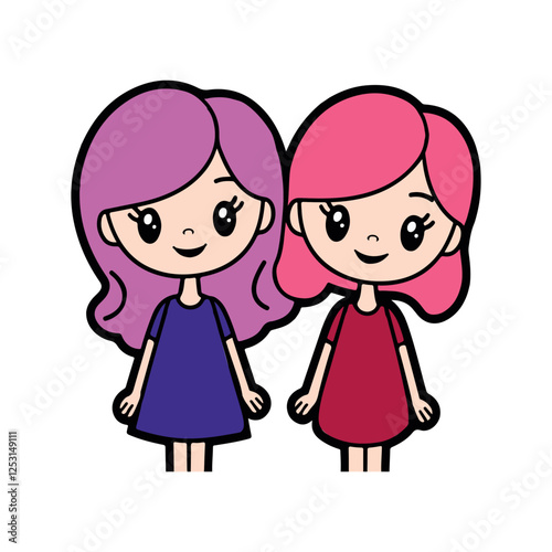 Cute Sister Bright Colors BFF Girls Cartoon Vector Illustration