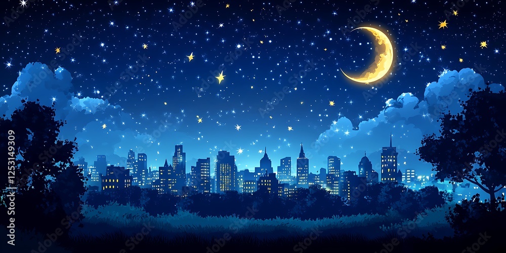 Naklejka premium Night City Skyline Stars Moon