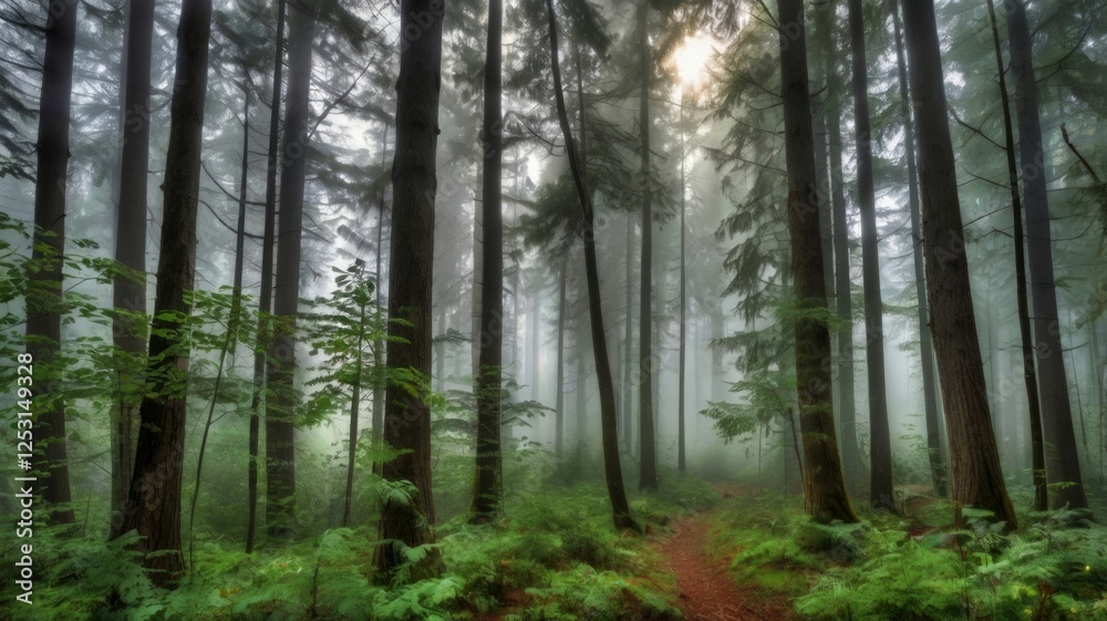 A misty forest in the early morning with tall, green trees and soft light filtering through the fog. A misty forest in the early morning with tall, green trees and soft light filtering through the fog.