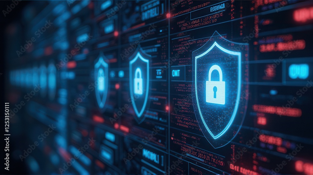 Fototapeta premium A digital representation of security, featuring glowing shields with padlocks against a backdrop of data streams, symbolizing cybersecurity.