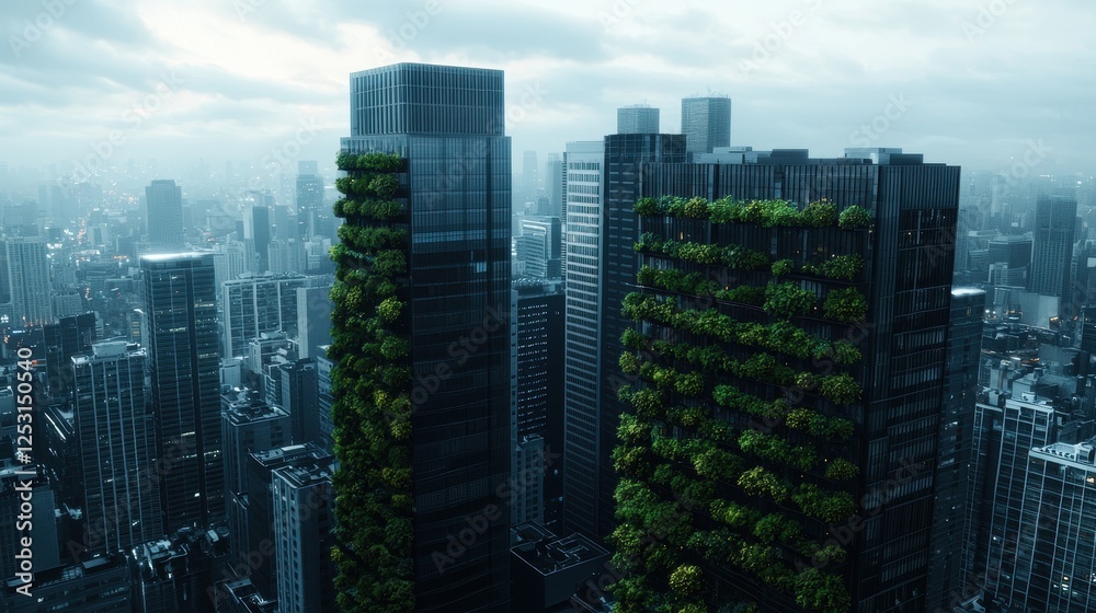 Obraz premium Modern eco-friendly skyscrapers with greenery in urban landscape