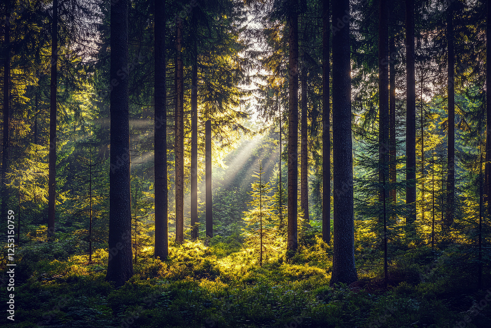 Sunlight streaming through tall, dense trees in a lush, vibrant forest with ferns covering the forest floor Sunlight streaming through tall, dense trees in a lush, vibrant forest with ferns covering the forest floor