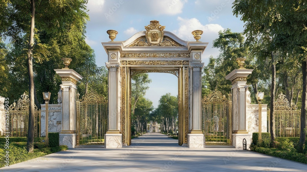 Naklejka premium Grand Entrance to an Estate: Opulent Gate and Lush Greenery