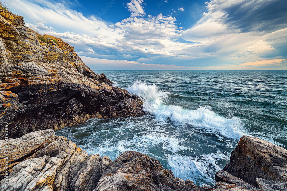 Fototapeta premium Dramatic ocean waves crashing against rugged, towering sea cliffs under a cloudy sky, showcasing the raw power of nature