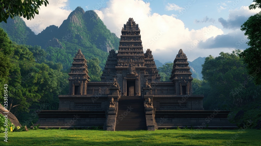 Ancient temple surrounded by lush greenery and majestic mountains Ancient temple surrounded by lush greenery and majestic mountains