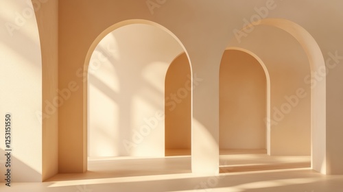 Abstract background of arches and columns in light beige tones with sun rays and shadows.