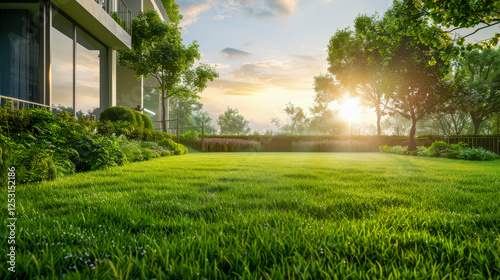 Nature landscape with cut fresh grass on lawn, early in morning with light fog. Greenery environment, ecology. Calm composition, wallpaper. Panoramic spring or summer background in warmth colors.