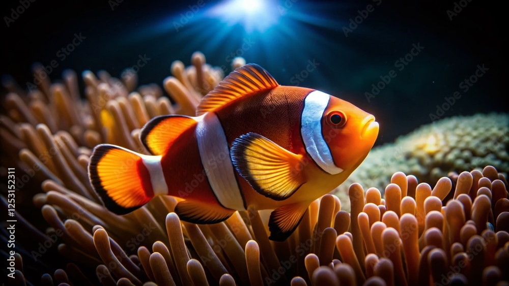 Silhouette of Orange and White Clownfish Emerging from Coral Reef Silhouette of Orange and White Clownfish Emerging from Coral Reef