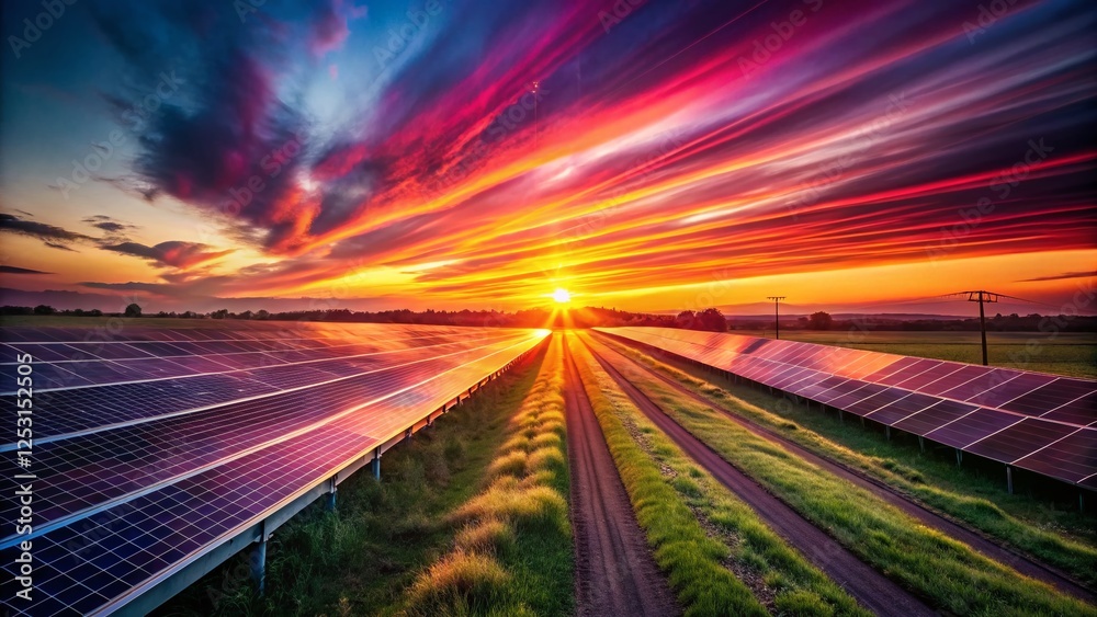 Silhouette of Solar Panels at Sunset with Light Trails - Renewable Energy Stock Photo Silhouette of Solar Panels at Sunset with Light Trails - Renewable Energy Stock Photo