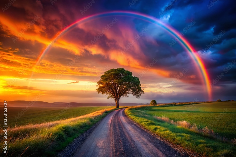Obraz premium Silhouette of Tree, Road, and Rainbow over Rural Landscape at Sunset