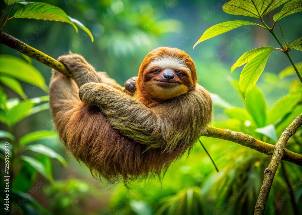 Fototapeta premium Sleepy Sloth Hanging Rainforest Tree Branch Candid Wildlife Photography