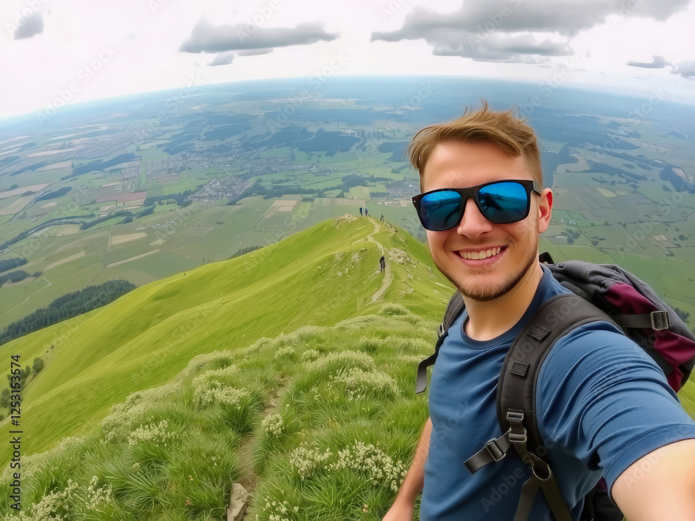 A man wearing sunglasses and a blue shirt is smiling and taking a selfie on a hill. Concept of adventure and enjoyment of the outdoors A man wearing sunglasses and a blue shirt is smiling and taking a selfie on a hill. Concept of adventure and enjoyment of the outdoors