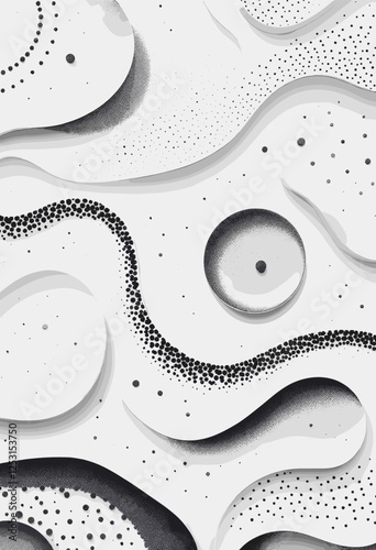 A black and white abstract pattern with wavy lines, circles, and dots, creating a sense of depth and movement. Vector patterns, random pattern