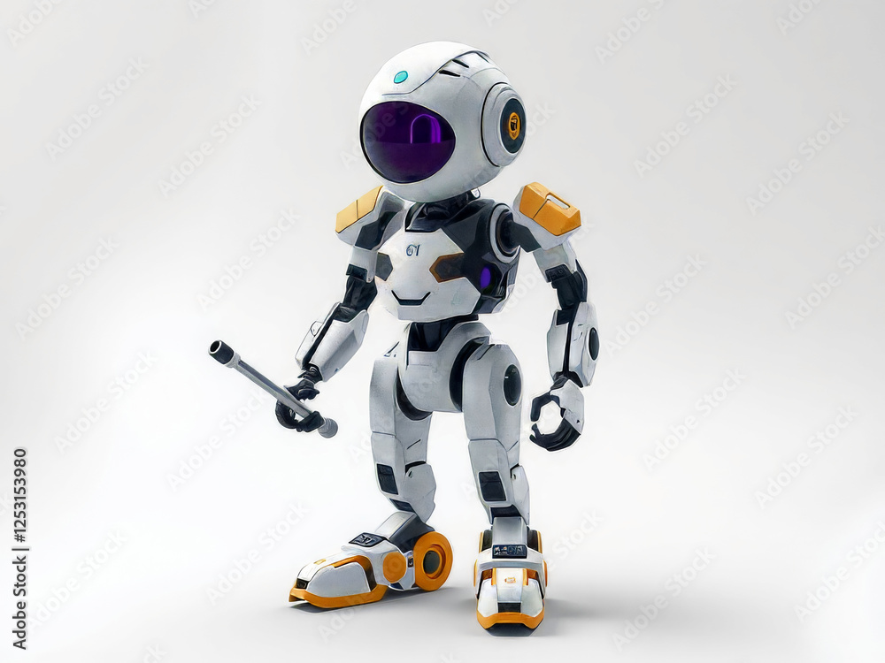 A robot is standing on a white background with a gun in its hand. The robot is holding a white stick and has a purple helmet A robot is standing on a white background with a gun in its hand. The robot is holding a white stick and has a purple helmet