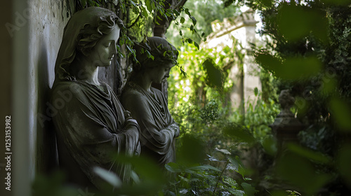 An overgrown garden with ancient statues hidden in the shadows. A faint whisper can be heard among the rustling leaves. photo