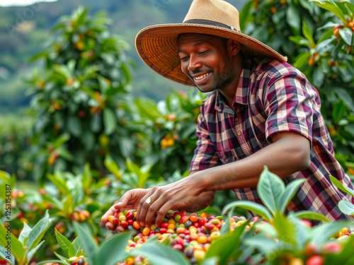 A man wearing a straw hat is picking fruit from a tree. He is smiling and he is enjoying his work