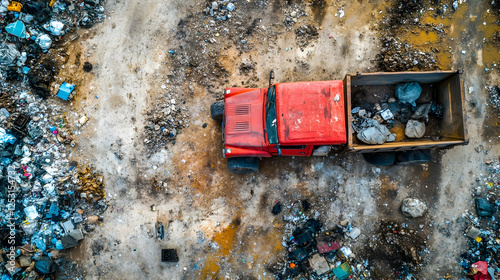 Red truck in landfill, aerial view, waste disposal photo