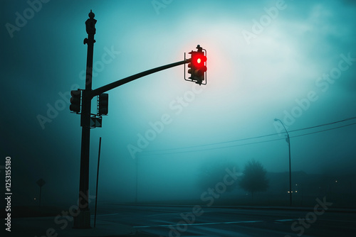 Lonely Traffic Light Glowing Red in a Foggy and Mysterious Urban Street Scene