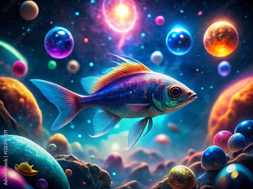 Futuristic Space Scene: Glowing Fish Orbiting a Planet with Bokeh Effect Futuristic Space Scene: Glowing Fish Orbiting a Planet with Bokeh Effect