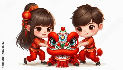 Cute Children with Lion Dance Costume - Adorable cartoon children in red traditional outfits playfully interacting with a lion dance head.  Perfect for Lunar New Year. photo