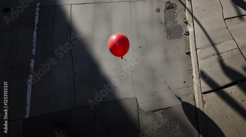 Lonely Red Balloon Floating Over a Shadowed Urban Street