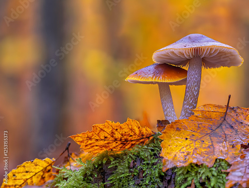 Autumn mushrooms on mossy log, forest background photo