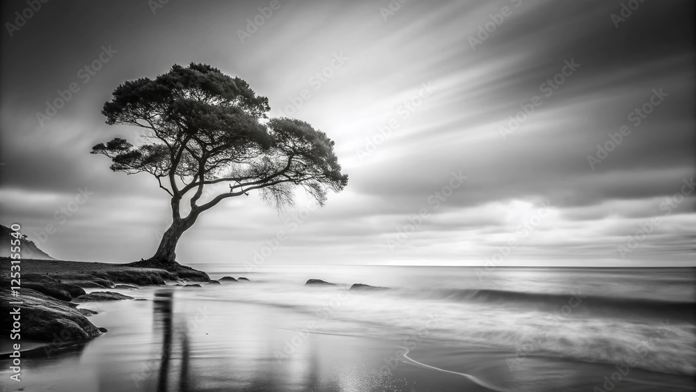 Obraz premium Solitary Coastal Tree, Misty Shoreline, Black and White Stock Photo