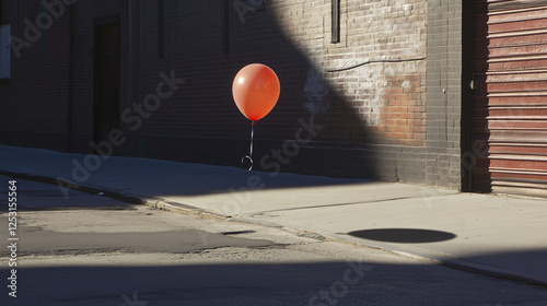 Lonely Red Balloon Floating Over a Shadowed Urban Street