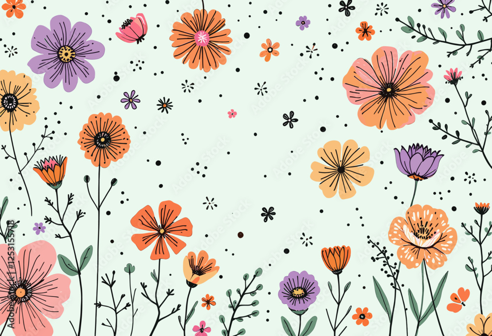 A variety of flowers and plants with orange, purple, and pink petals, scattered across a light green background with black dots. Vector patterns, random pattern
