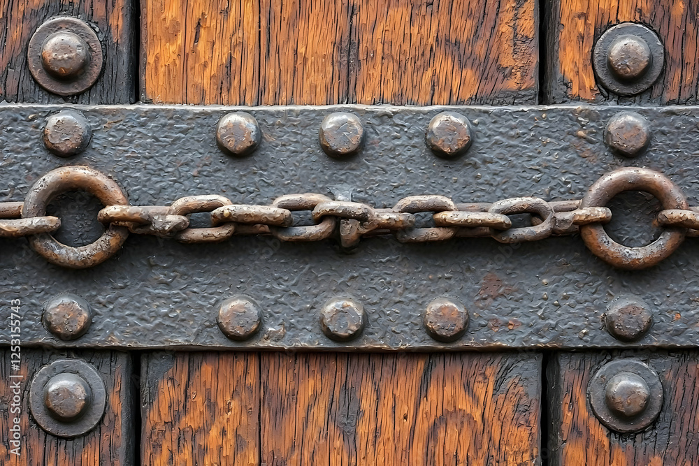 Old wooden door with metal chain and rivets Old wooden door with metal chain and rivets