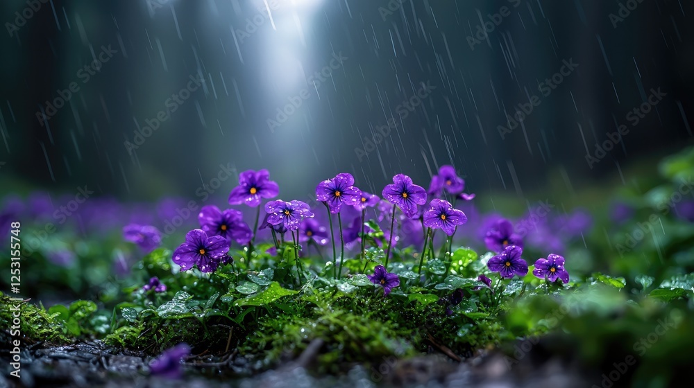 Obraz premium Purple violets blooming on a mossy forest floor during a heavy rain shower.