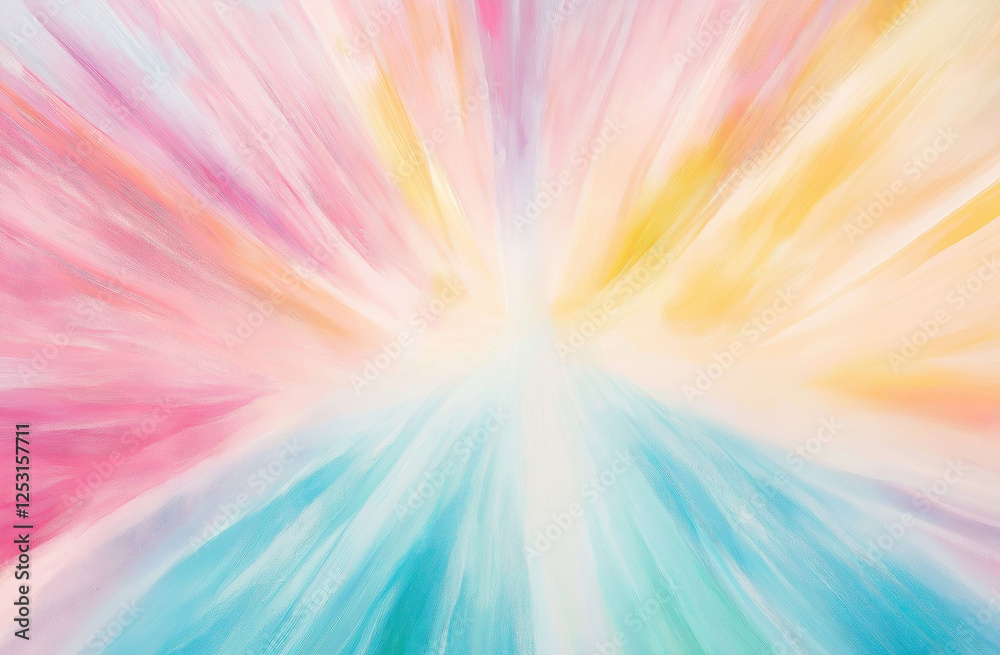 Obraz premium Soft pastel background featuring a vibrant tie-dye explosion radiating from the center, with flowing shades of pink, blue, yellow, green, orange, and lavender, creating a dynamic and colorful abstract