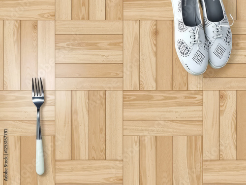 A fork and a pair of white shoes are placed on a wooden floor. The fork is on a white plate, and the shoes are positioned next to each other. The scene appears to be casual and relaxed, with the fork