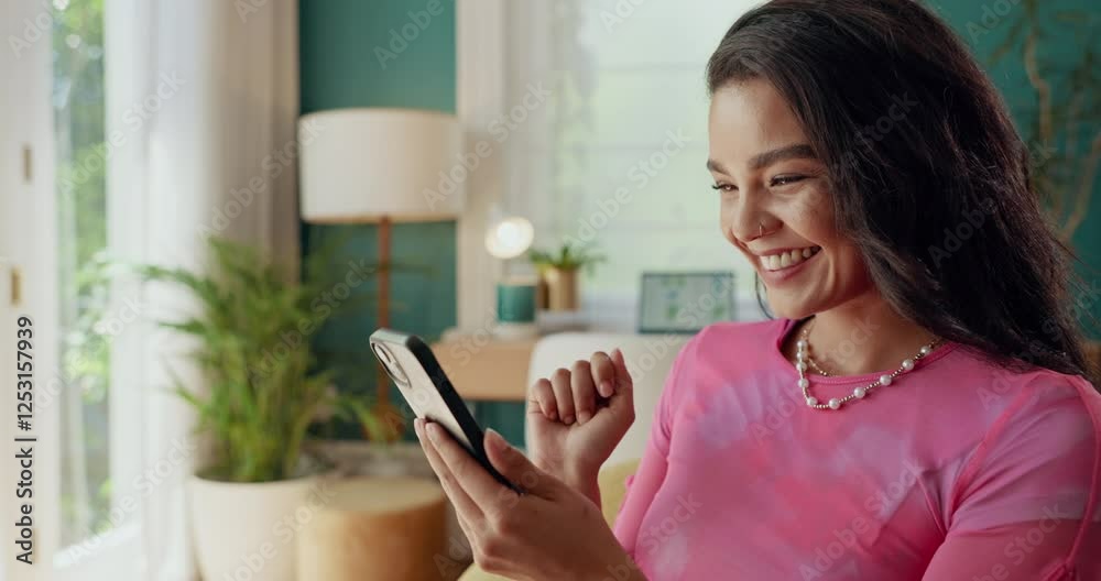 Phone, success and click with woman in house for good news, notification and winner. Achievement, reward points and prize opportunity with person in living room at home for sales offer, bonus or wow Phone, success and click with woman in house for good news, notification and winner. Achievement, reward points and prize opportunity with person in living room at home for sales offer, bonus or wow