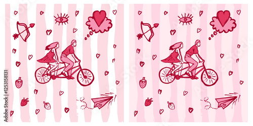 Valentines Day brush Illustration red and pink, couple on tandem bicycle