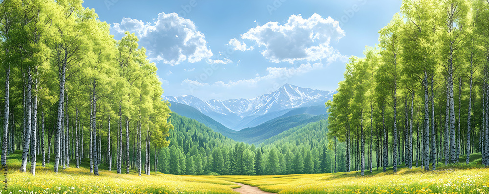 Fototapeta premium Sunny mountain valley aspen trees