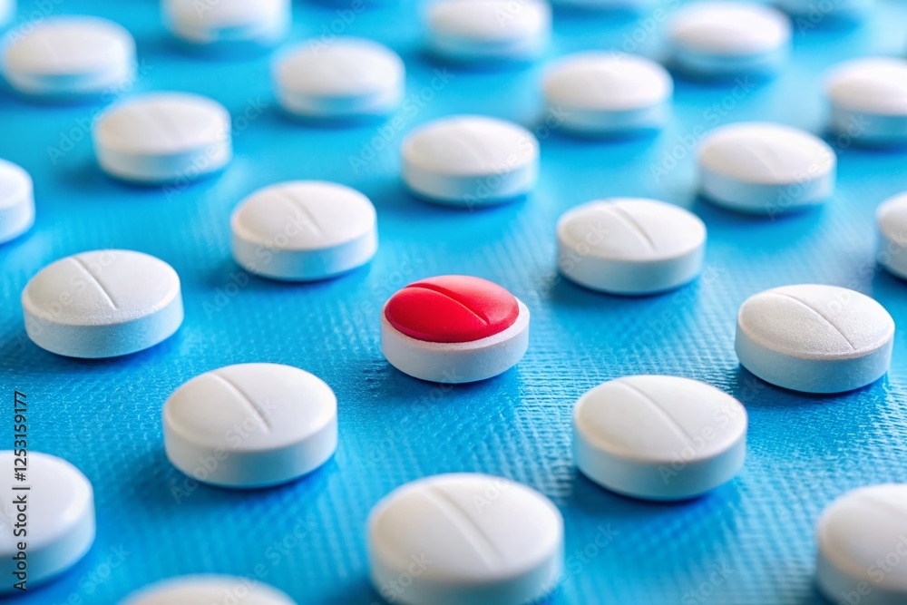 Standout Red Tablet Among White Tablets on Blue Background - Stock Photo Standout Red Tablet Among White Tablets on Blue Background - Stock Photo
