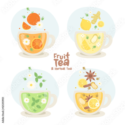 Fruit tea and herbal tea elements  isolated on white background. Vector illustration.