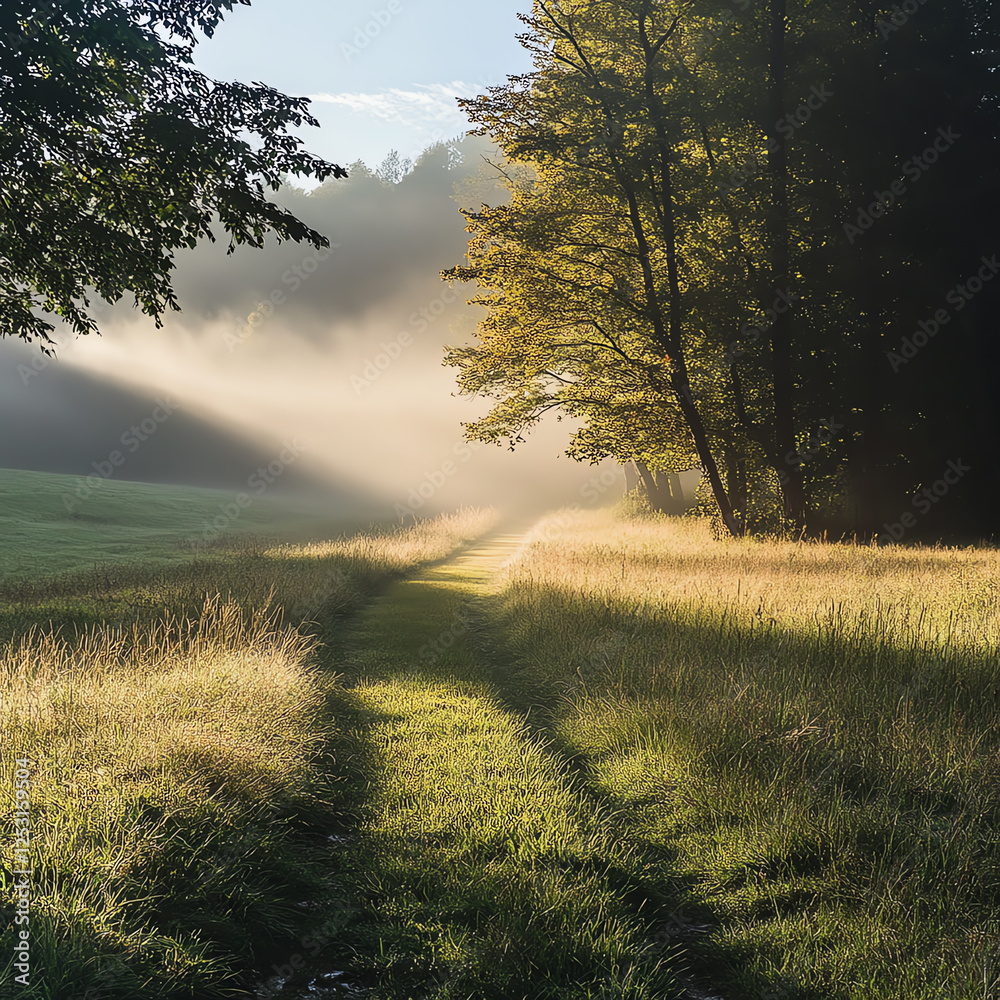 Obraz premium A tranquil pathway through a misty field, bordered by tall trees