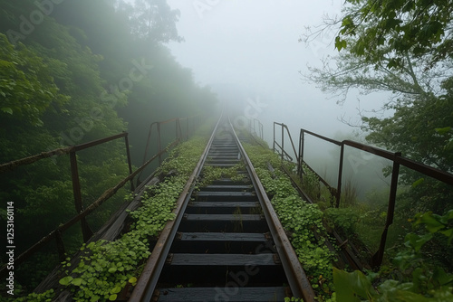 Abandoned railway tracks disappearing into a misty forest, overgrown with lush green foliage and surrounded by dense trees