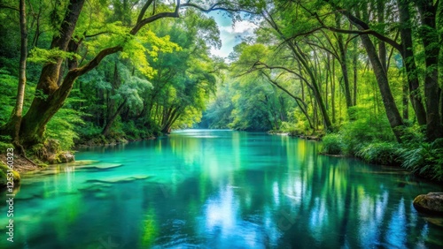 River flowing through a serene forest with turquoise water surrounded by lush greenery and towering trees creating a peaceful atmosphere, flora, river