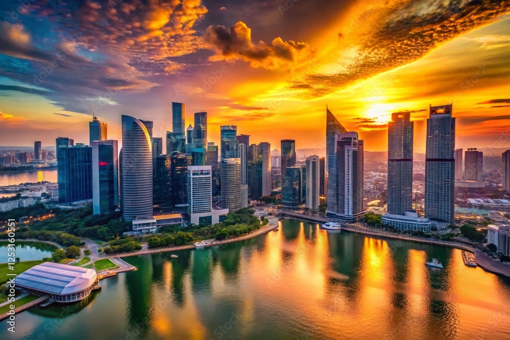 Obraz premium Stunning Aerial Drone Shot of Singapore City Skyline Featuring Iconic Hotel